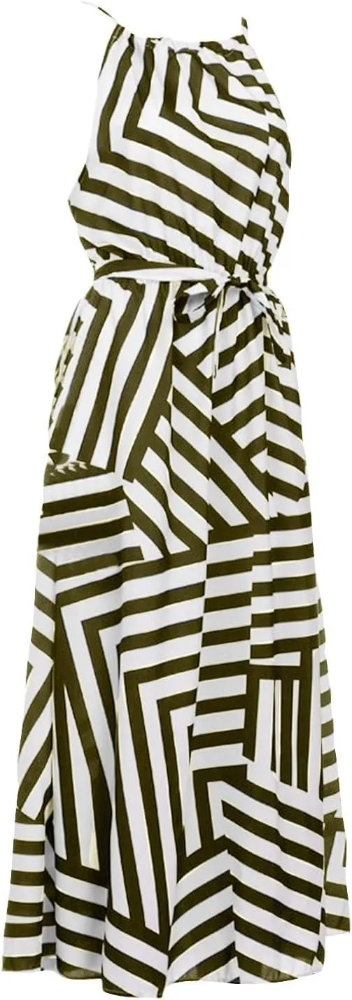 Women Spaghetti Strap Striped Sundress Sleeveless Tie Waist Maxi Dress Summer Smocked Flowy Trendy Boho Dresses 2024