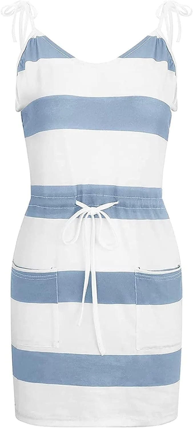 Women Summer Beach Dresses,Casual V-Neck Spaghetti Strap Mini Dress Party Stripe Sundress