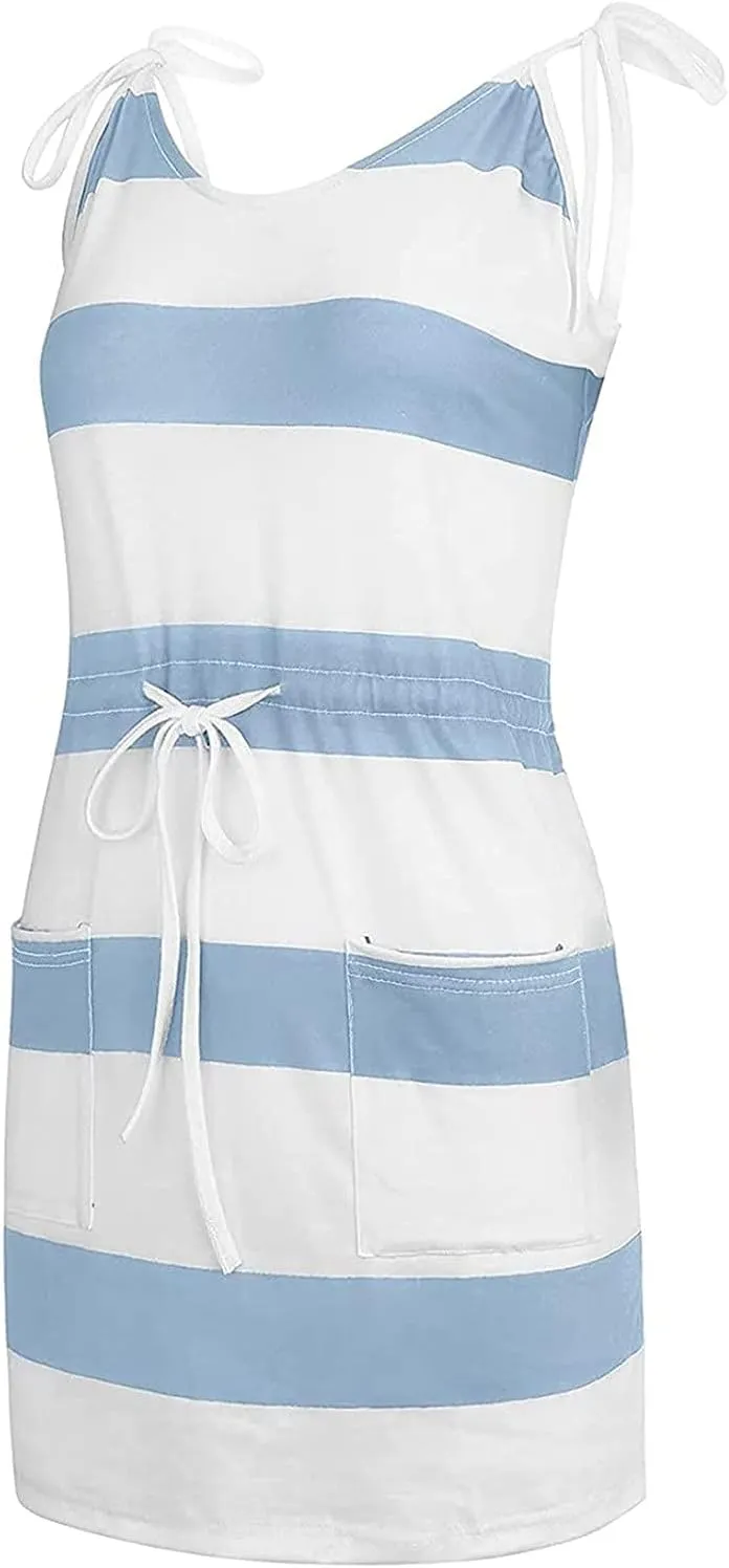 Women Summer Beach Dresses,Casual V-Neck Spaghetti Strap Mini Dress Party Stripe Sundress