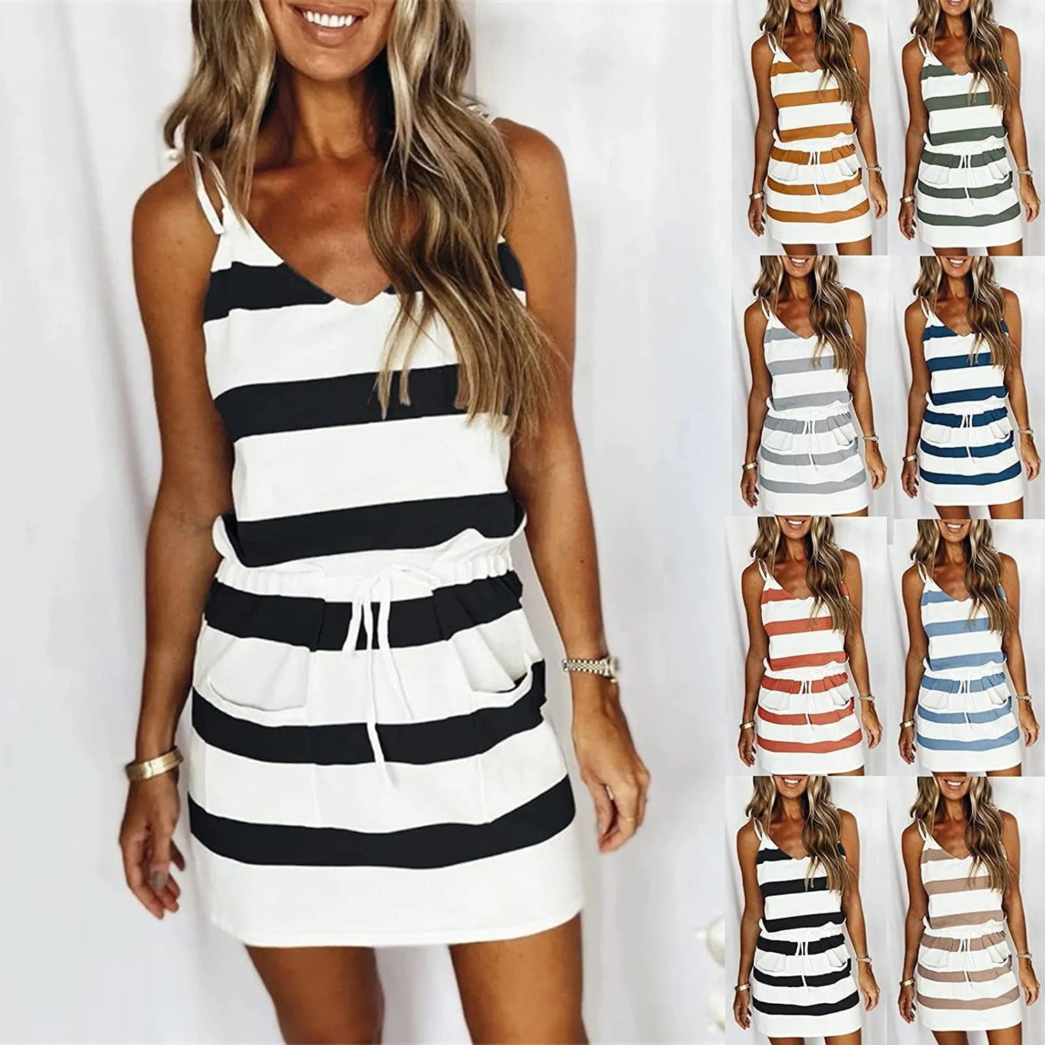 Women Summer Beach Dresses,Casual V-Neck Spaghetti Strap Mini Dress Party Stripe Sundress
