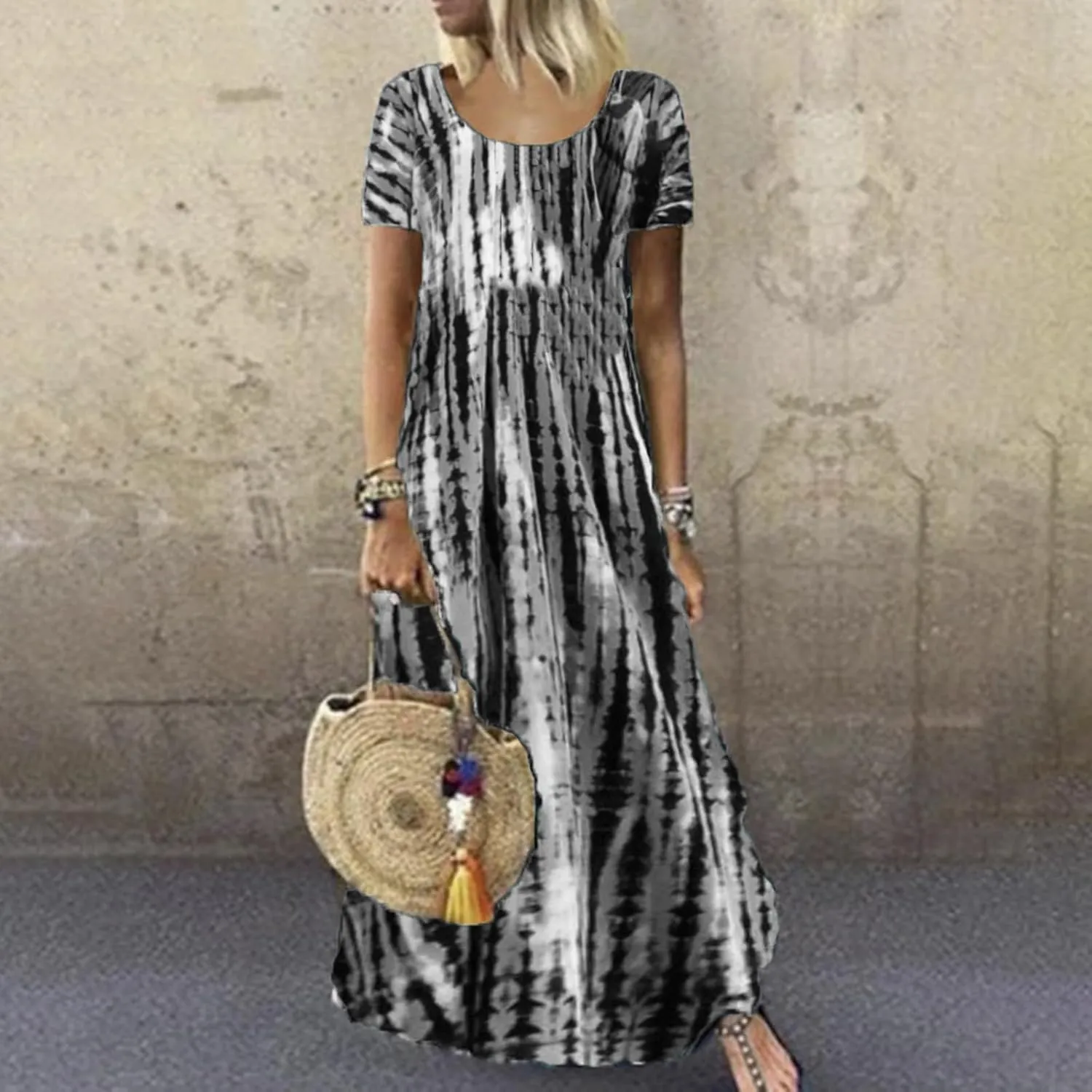 Women Summer Dresses Boho Floral Print Loose Long Dresses Short Sleeve Beach Swing Dress Casual Striped Sundress