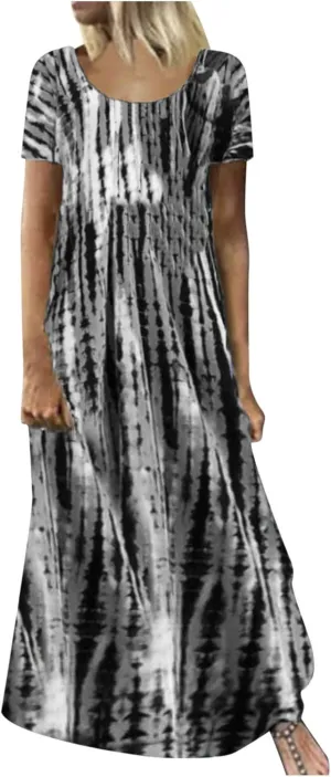 Women Summer Dresses Boho Floral Print Loose Long Dresses Short Sleeve Beach Swing Dress Casual Striped Sundress