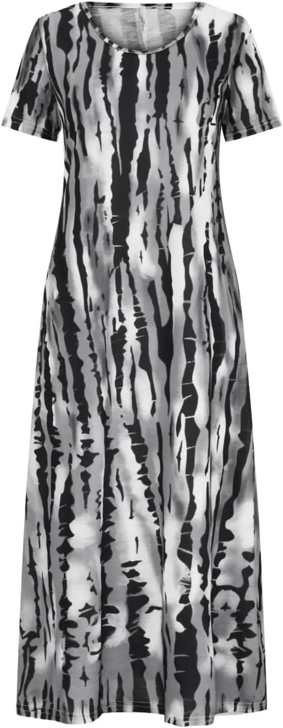 Women Summer Dresses Boho Floral Print Loose Long Dresses Short Sleeve Beach Swing Dress Casual Striped Sundress