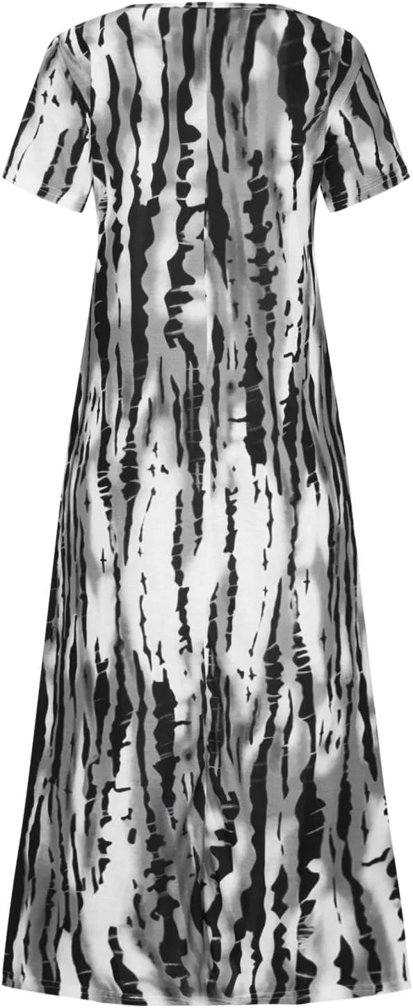 Women Summer Dresses Boho Floral Print Loose Long Dresses Short Sleeve Beach Swing Dress Casual Striped Sundress