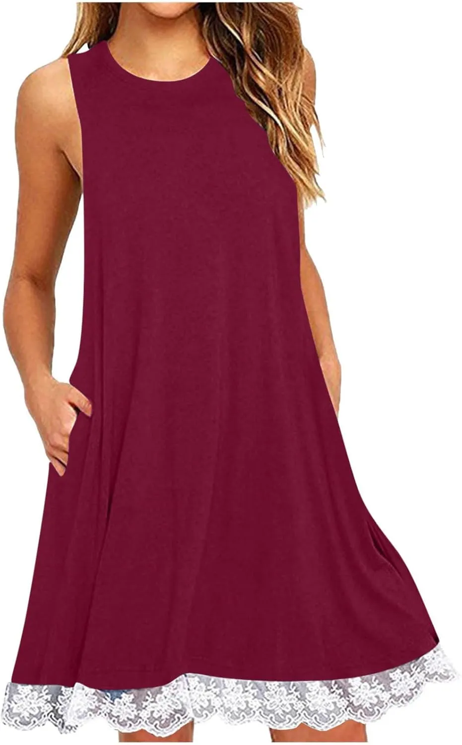 Women Summer Lace Hem Sundress 2025 Vacation Sleeveless Tank Dress Casual Crewneck Loose Coverup Beach Mini Dresses