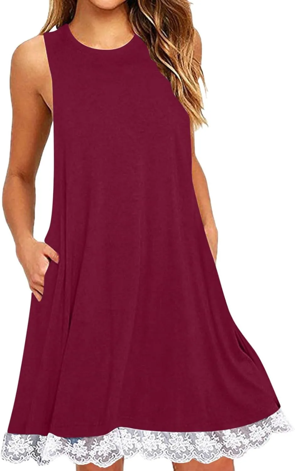 Women Summer Lace Hem Sundress 2025 Vacation Sleeveless Tank Dress Casual Crewneck Loose Coverup Beach Mini Dresses