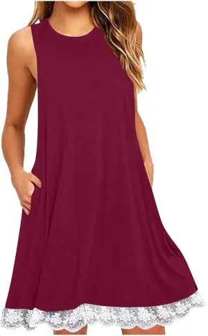 Women Summer Lace Hem Sundress 2025 Vacation Sleeveless Tank Dress Casual Crewneck Loose Coverup Beach Mini Dresses