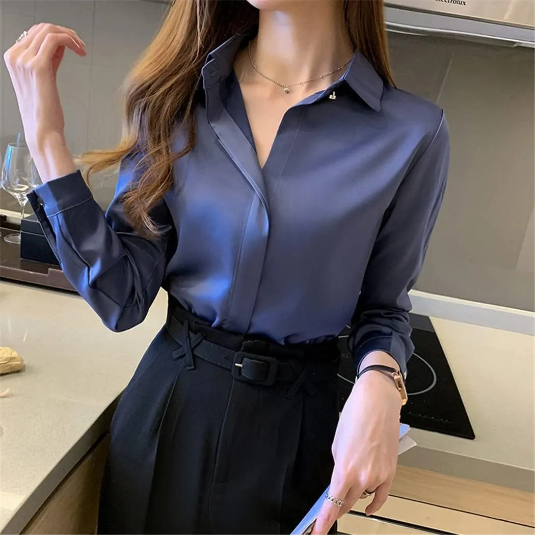 Women White Shirt, Silk Long Sleeve Blouse, Office Lady Satin Silk Blouse, Plus Size Woman Basic Shirt Top