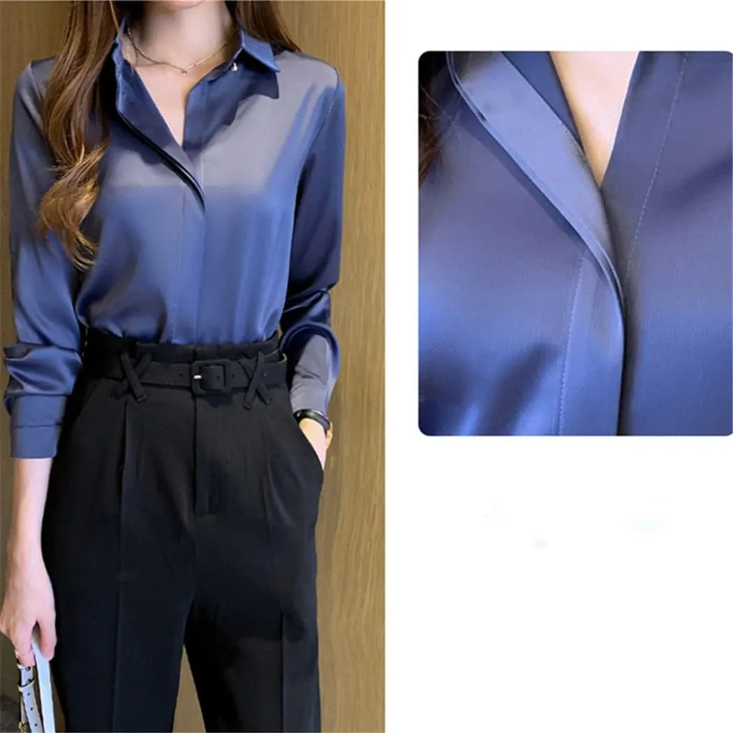 Women White Shirt, Silk Long Sleeve Blouse, Office Lady Satin Silk Blouse, Plus Size Woman Basic Shirt Top