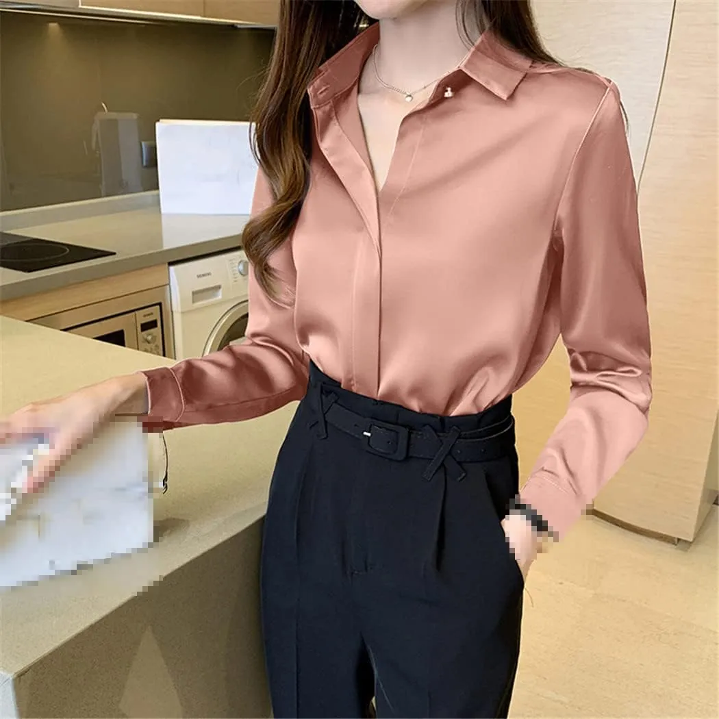 Women White Shirt, Silk Long Sleeve Blouse, Office Lady Satin Silk Blouse, Plus Size Woman Basic Shirt Top