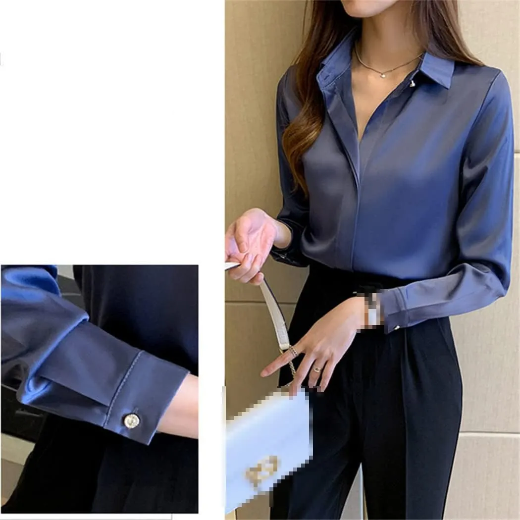 Women White Shirt, Silk Long Sleeve Blouse, Office Lady Satin Silk Blouse, Plus Size Woman Basic Shirt Top