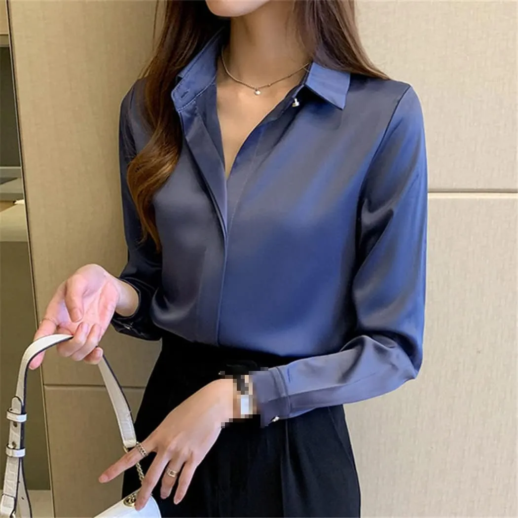 Women White Shirt, Silk Long Sleeve Blouse, Office Lady Satin Silk Blouse, Plus Size Woman Basic Shirt Top