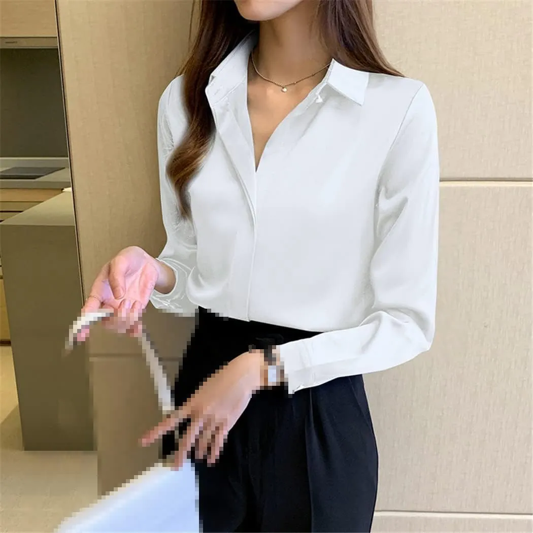 Women White Shirt, Silk Long Sleeve Blouse, Office Lady Satin Silk Blouse, Plus Size Woman Basic Shirt Top