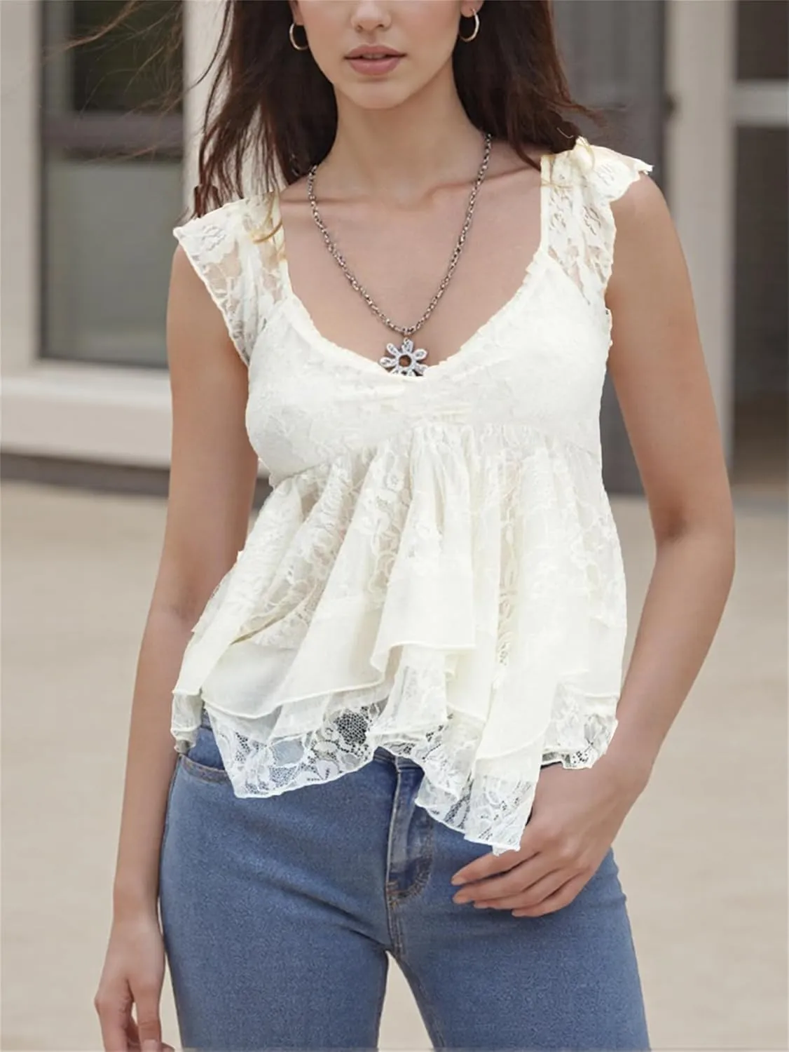 Women Y2K Floral Lace Babydoll Camisole Coquette Scoop Neck Cap Sleeve Tiered Cami Top Fairy Going Out Ruffle Blouse