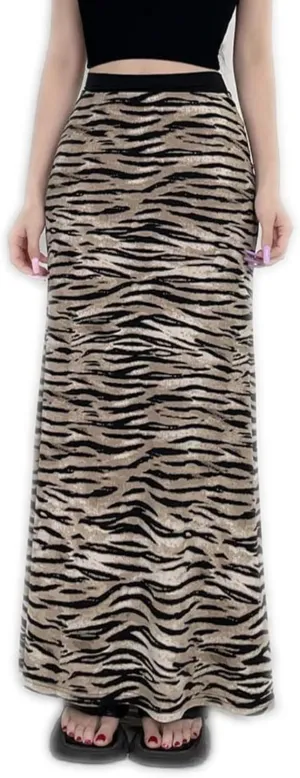 Women Y2k Ladies Leopard Print Long Skirt Casual 2000s Aesthetic Slim-fit Low Rise Skirts Vintage Clothing