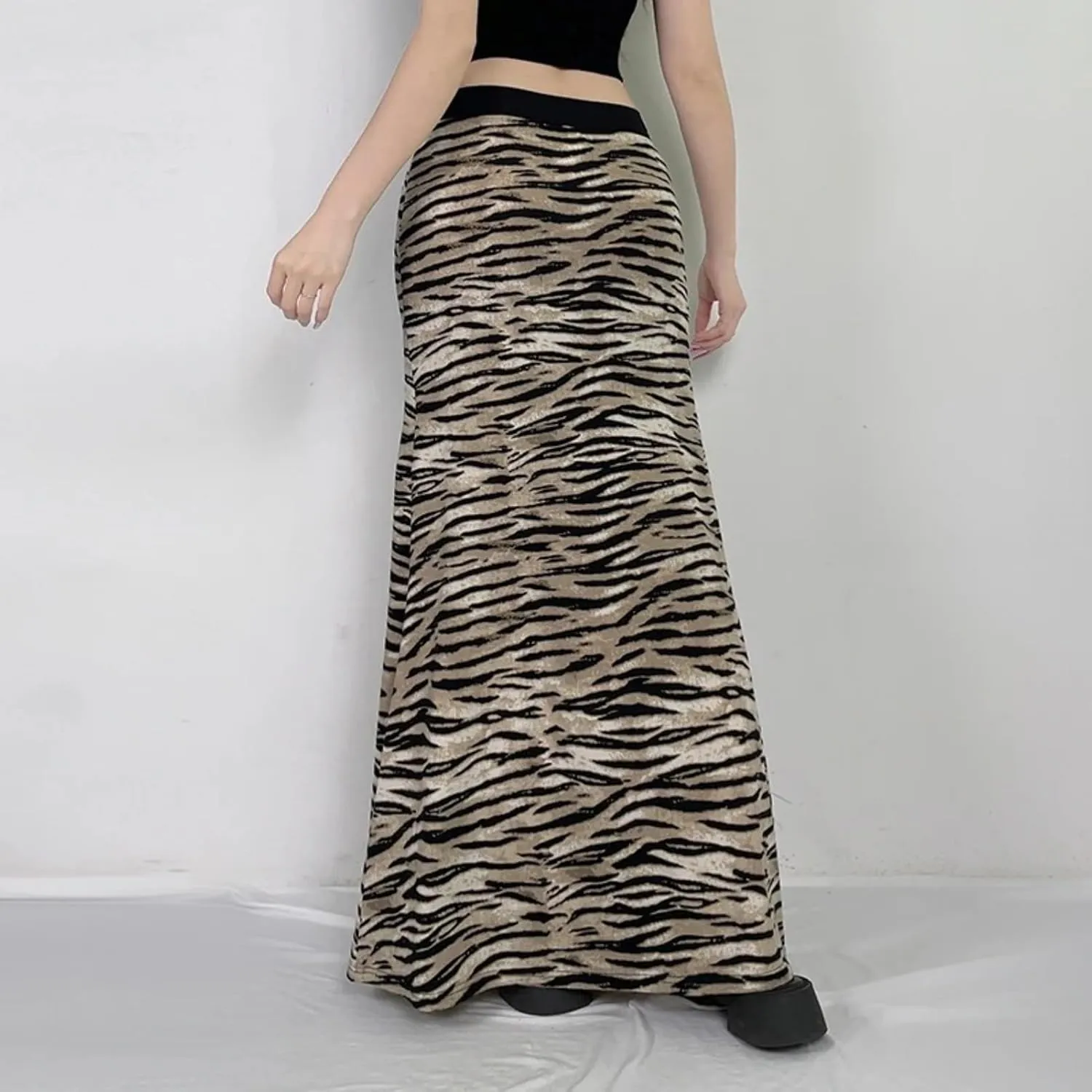 Women Y2k Ladies Leopard Print Long Skirt Casual 2000s Aesthetic Slim-fit Low Rise Skirts Vintage Clothing