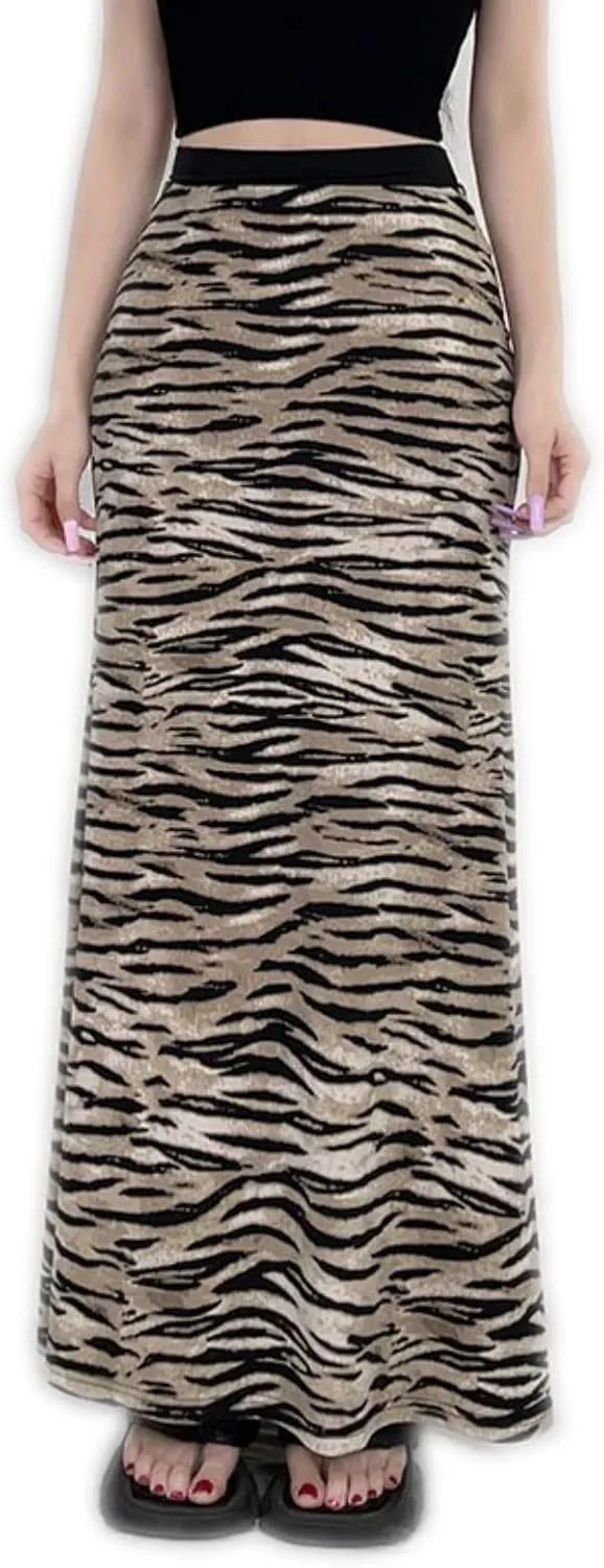 Women Y2k Ladies Leopard Print Long Skirt Casual 2000s Aesthetic Slim-fit Low Rise Skirts Vintage Clothing
