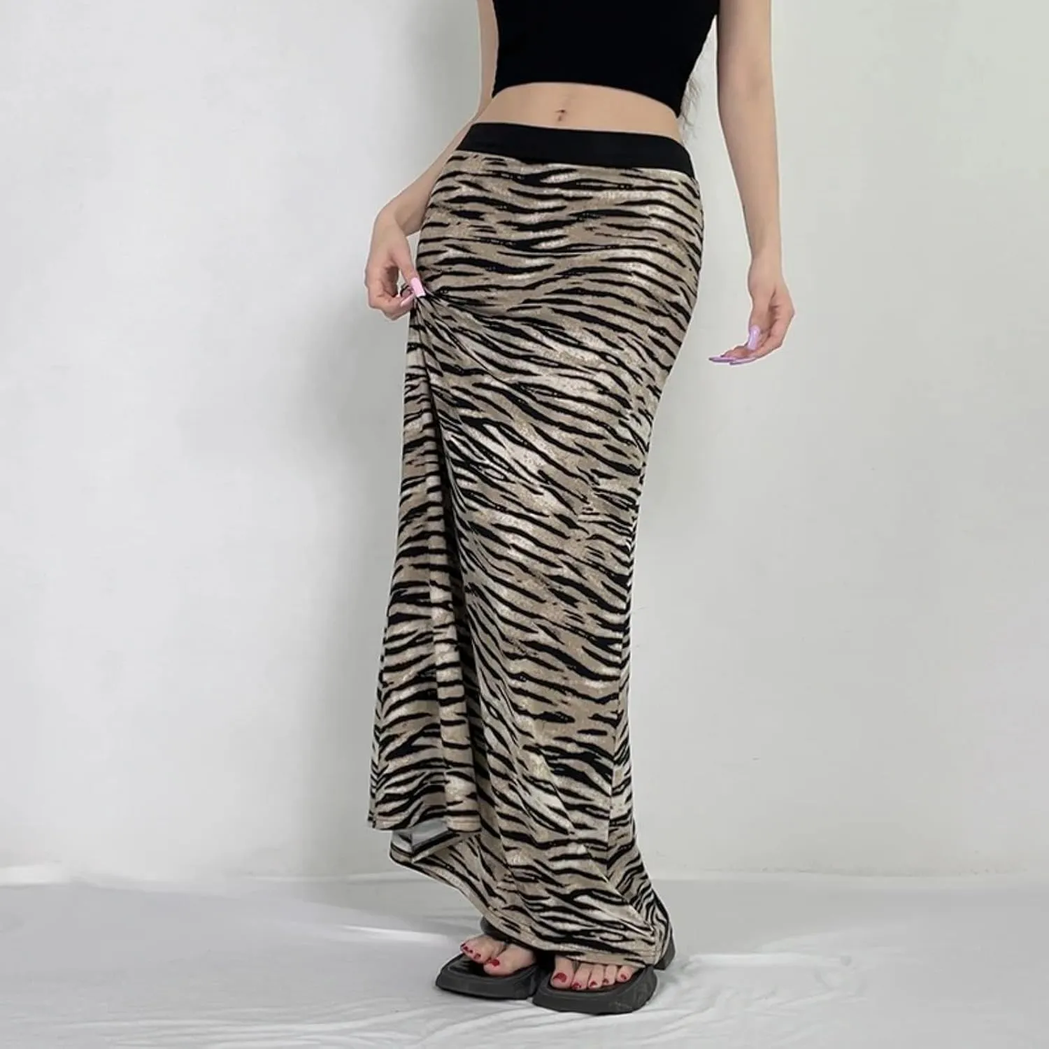 Women Y2k Ladies Leopard Print Long Skirt Casual 2000s Aesthetic Slim-fit Low Rise Skirts Vintage Clothing
