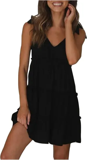 Women's 2024 Summer Strappy Dresses V Neck Sleeveless Ruffle Tiered Layered Pleated A Line Swing Mini Dress