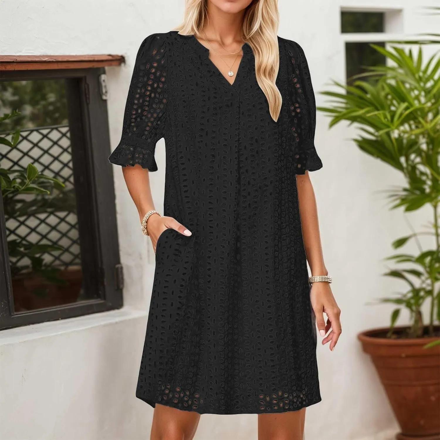 Women's 2025 Summer Dresses Ruffle Short Sleeve V Neck Hollow Out Eyelet Lace Dresses Casual Beach Vacation Mini Dress