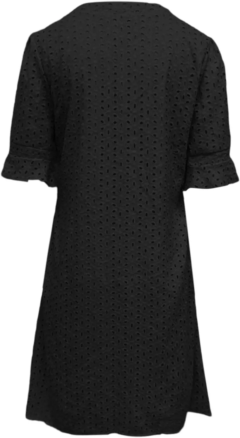 Women's 2025 Summer Dresses Ruffle Short Sleeve V Neck Hollow Out Eyelet Lace Dresses Casual Beach Vacation Mini Dress