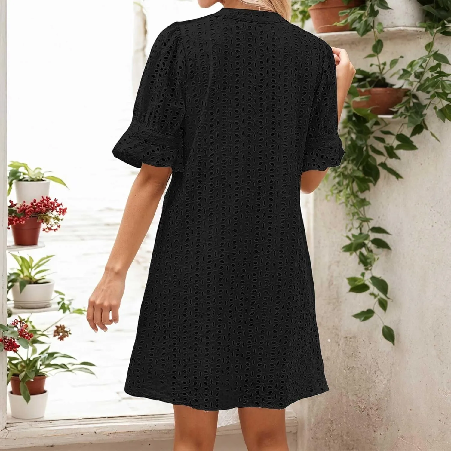 Women's 2025 Summer Dresses Ruffle Short Sleeve V Neck Hollow Out Eyelet Lace Dresses Casual Beach Vacation Mini Dress