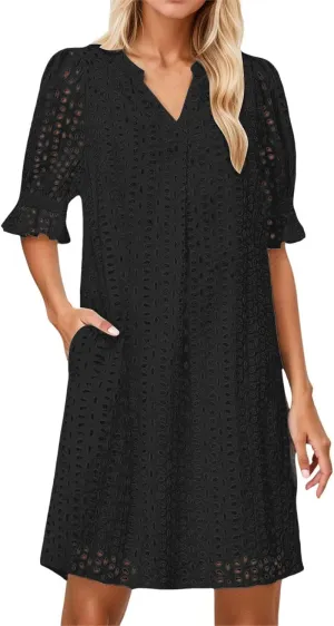Women's 2025 Summer Dresses Ruffle Short Sleeve V Neck Hollow Out Eyelet Lace Dresses Casual Beach Vacation Mini Dress