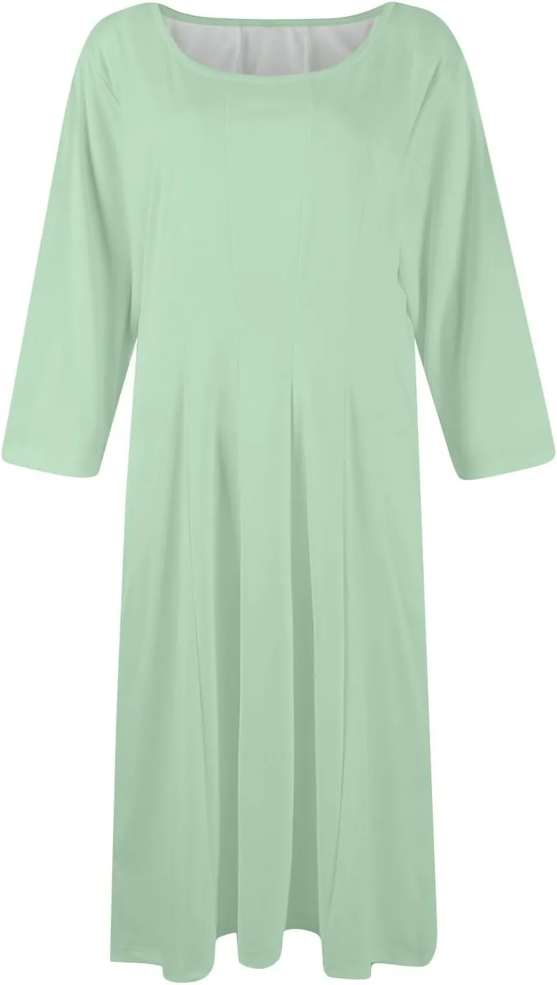 Womens 2025 Trendy Dresses Crew Neck 3/4 Sleeve A Line Loose Casual Midi Dress with Pockets