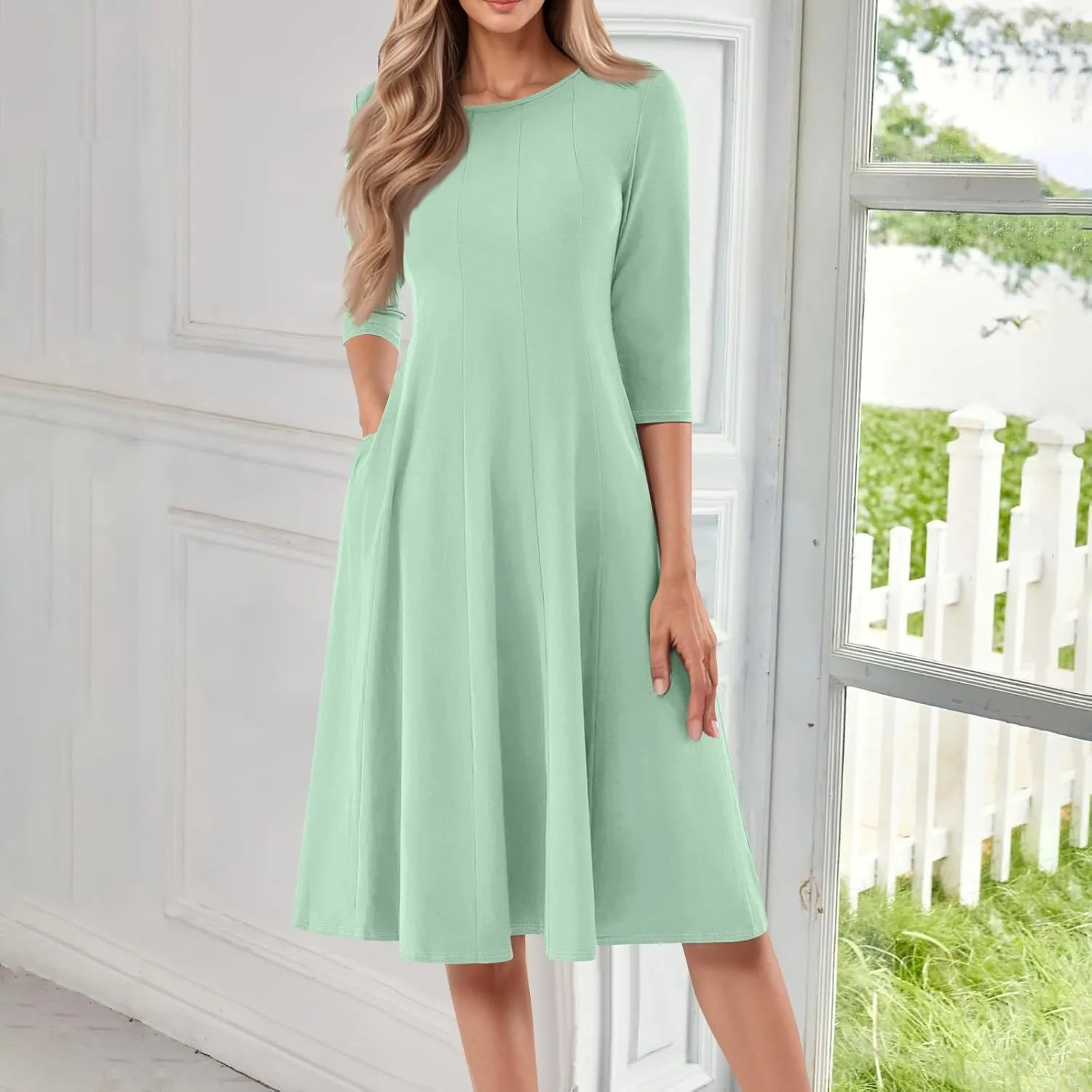 Womens 2025 Trendy Dresses Crew Neck 3/4 Sleeve A Line Loose Casual Midi Dress with Pockets