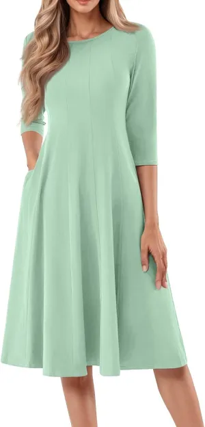 Womens 2025 Trendy Dresses Crew Neck 3/4 Sleeve A Line Loose Casual Midi Dress with Pockets
