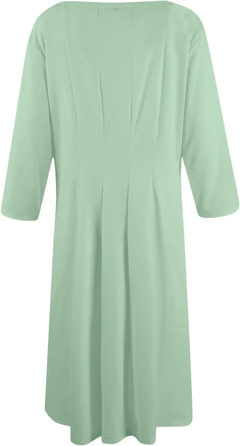 Womens 2025 Trendy Dresses Crew Neck 3/4 Sleeve A Line Loose Casual Midi Dress with Pockets