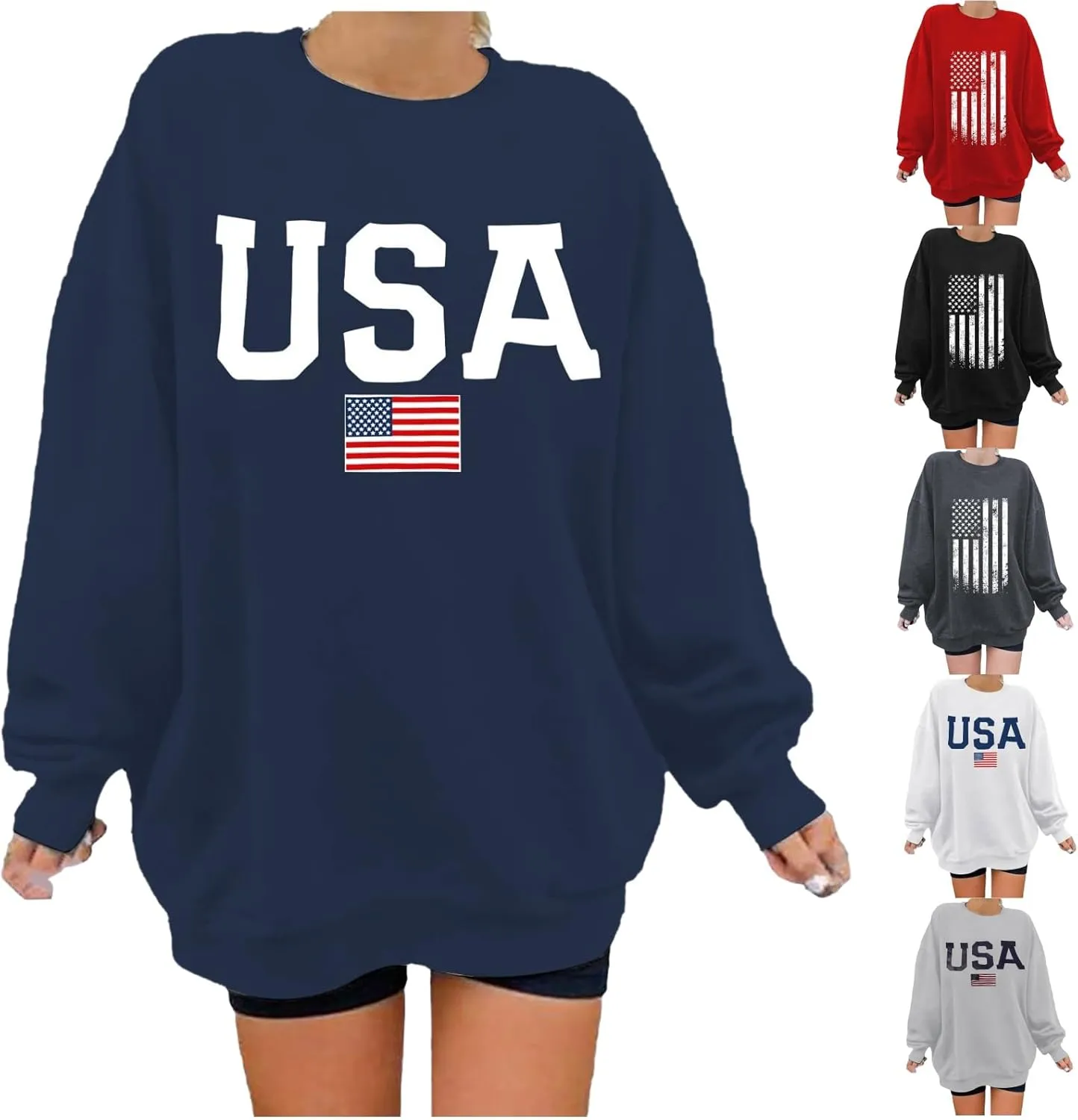 Womens American Flag Sweatshirt Oversized Crew Neck Patriotic Pullover Top Long Sleeve Fall Winter Fashion Clothes