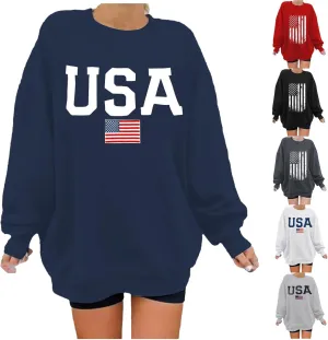 Womens American Flag Sweatshirt Oversized Crew Neck Patriotic Pullover Top Long Sleeve Fall Winter Fashion Clothes