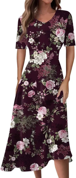 Womens Boho Dresses Short Sleeve V Neck Casual Dresses Elegant Long Flowy Dresses for Women Summer Shirt Dresses