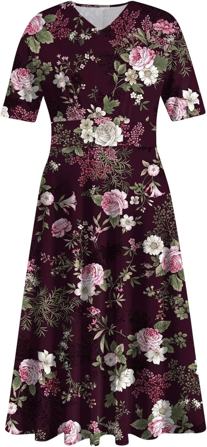 Womens Boho Dresses Short Sleeve V Neck Casual Dresses Elegant Long Flowy Dresses for Women Summer Shirt Dresses