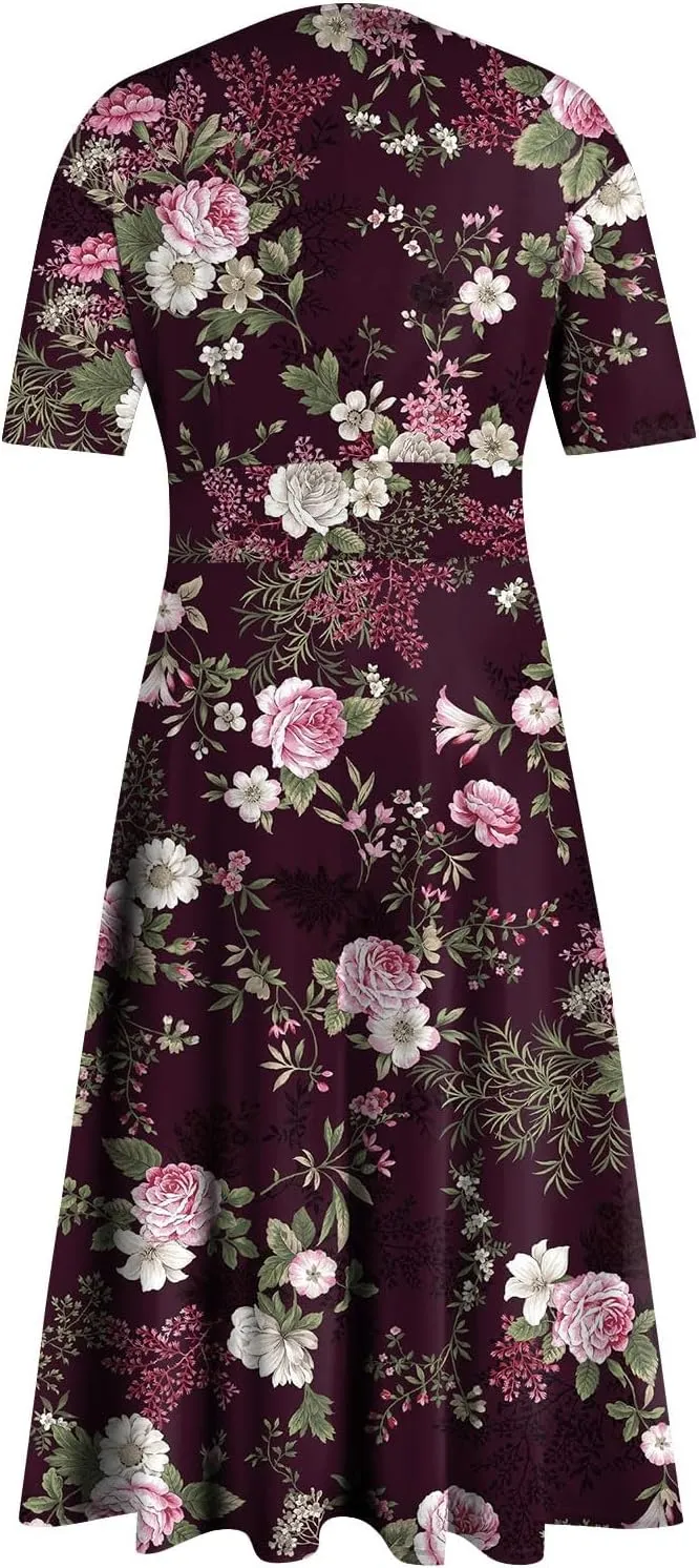 Womens Boho Dresses Short Sleeve V Neck Casual Dresses Elegant Long Flowy Dresses for Women Summer Shirt Dresses