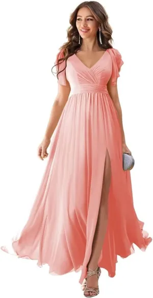 Women's Bridesmaid Dresses with Sleeve Long Summer Side Split Chiffon Formal Evening Gown with Pockets