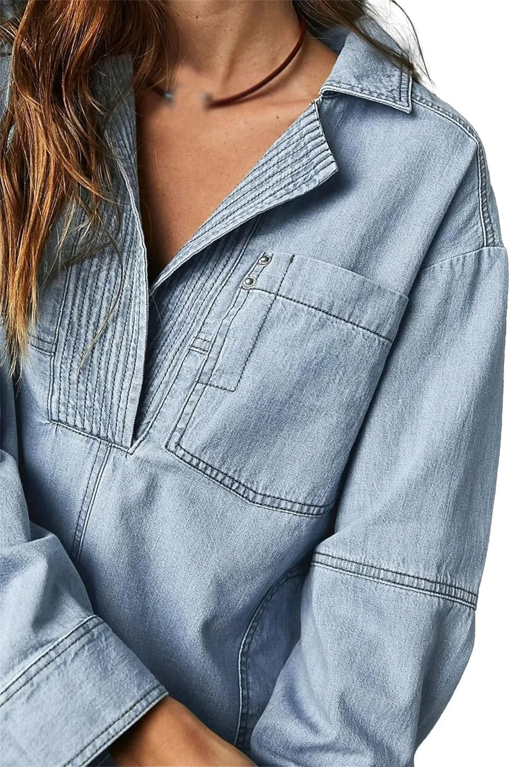 Women's Casual V-Neck Denim Jacket, Blue, S-3XL
