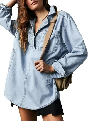 Women's Casual V-Neck Denim Jacket, Blue, S-3XL