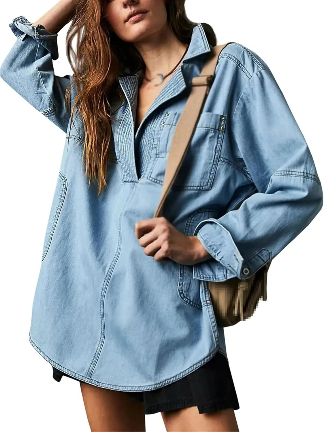 Women's Casual V-Neck Denim Jacket, Blue, S-3XL