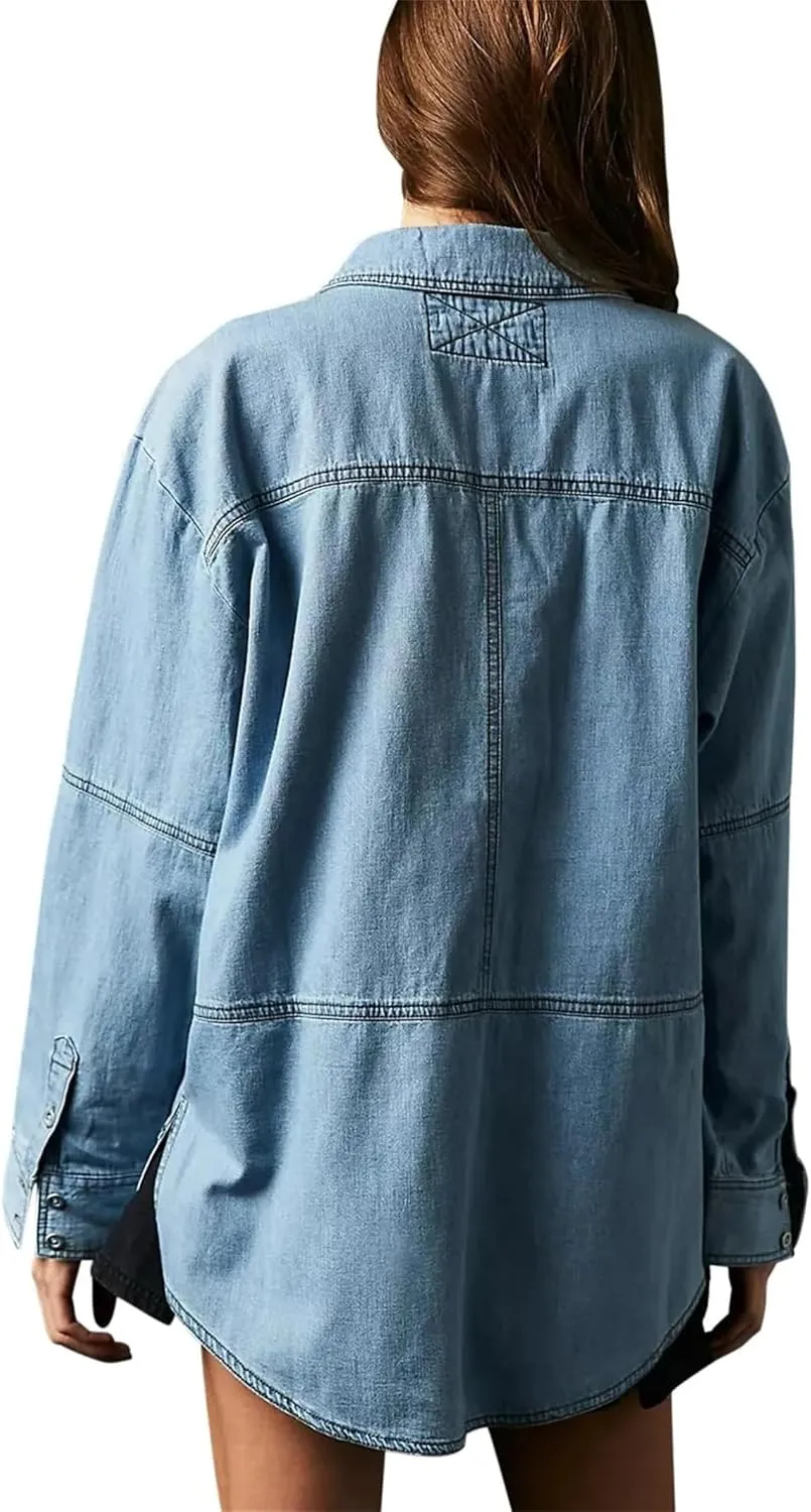Women's Casual V-Neck Denim Jacket, Blue, S-3XL