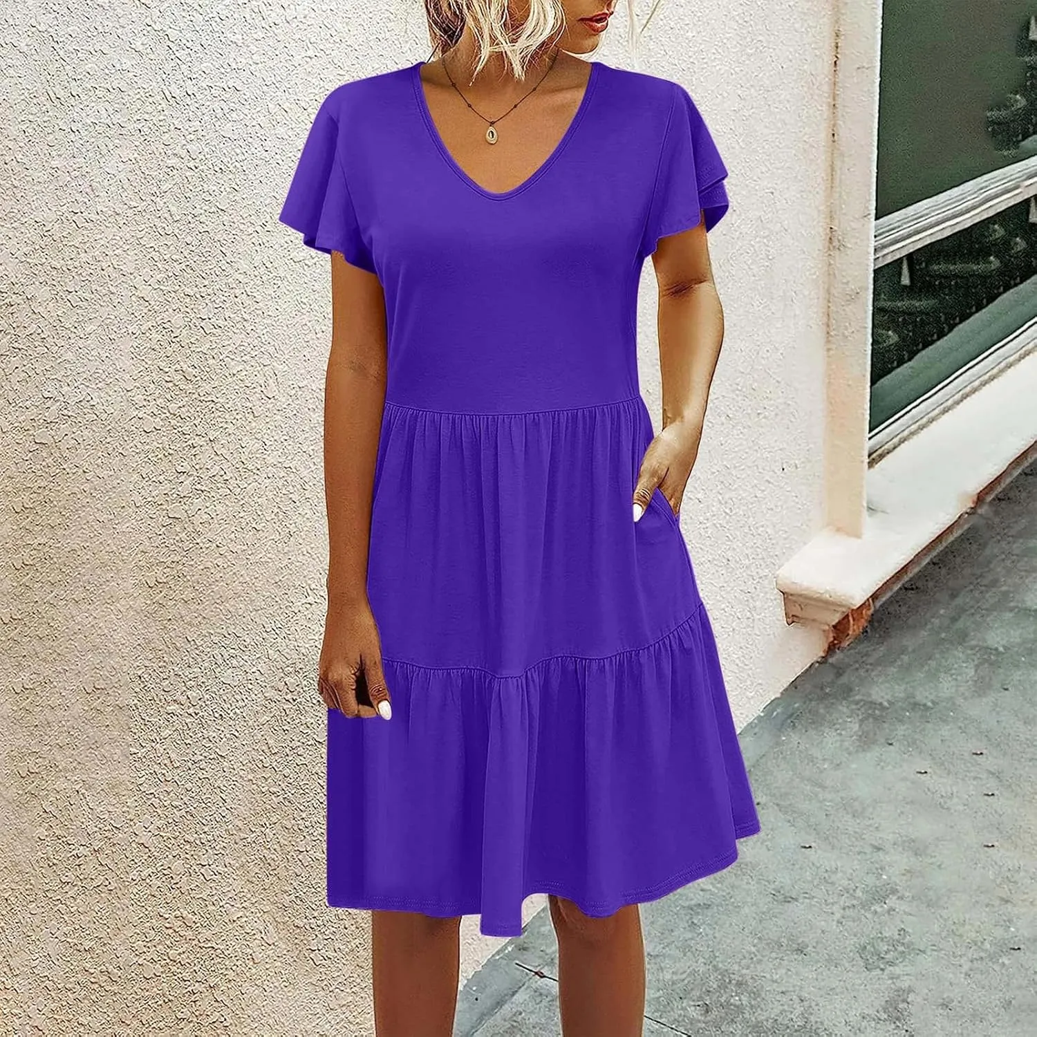 Womens Causal Summer Dresses 2024 Flutter Sleeve V Neck Tunic Tshirt Dress Pleated Ruffle Swing Beach Mini Sundress