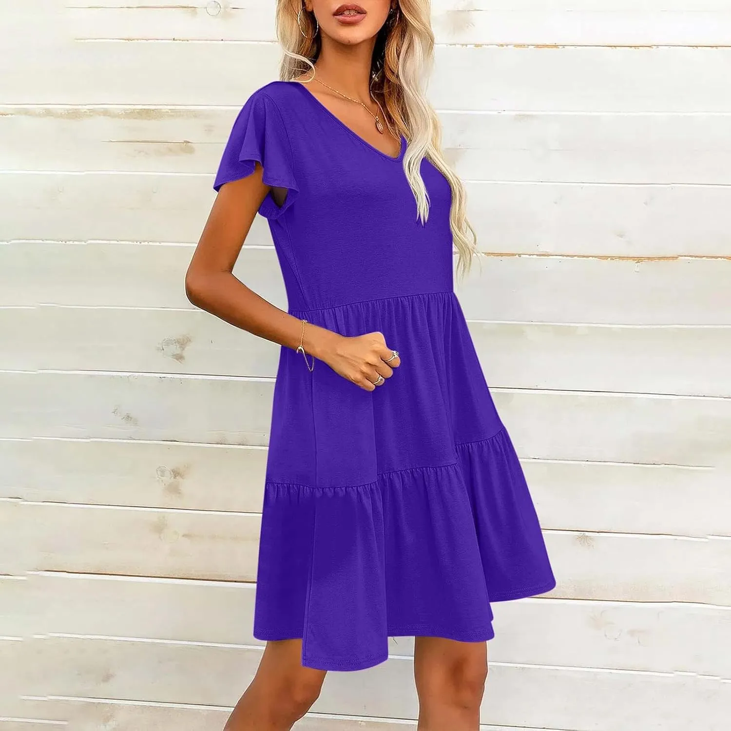 Womens Causal Summer Dresses 2024 Flutter Sleeve V Neck Tunic Tshirt Dress Pleated Ruffle Swing Beach Mini Sundress