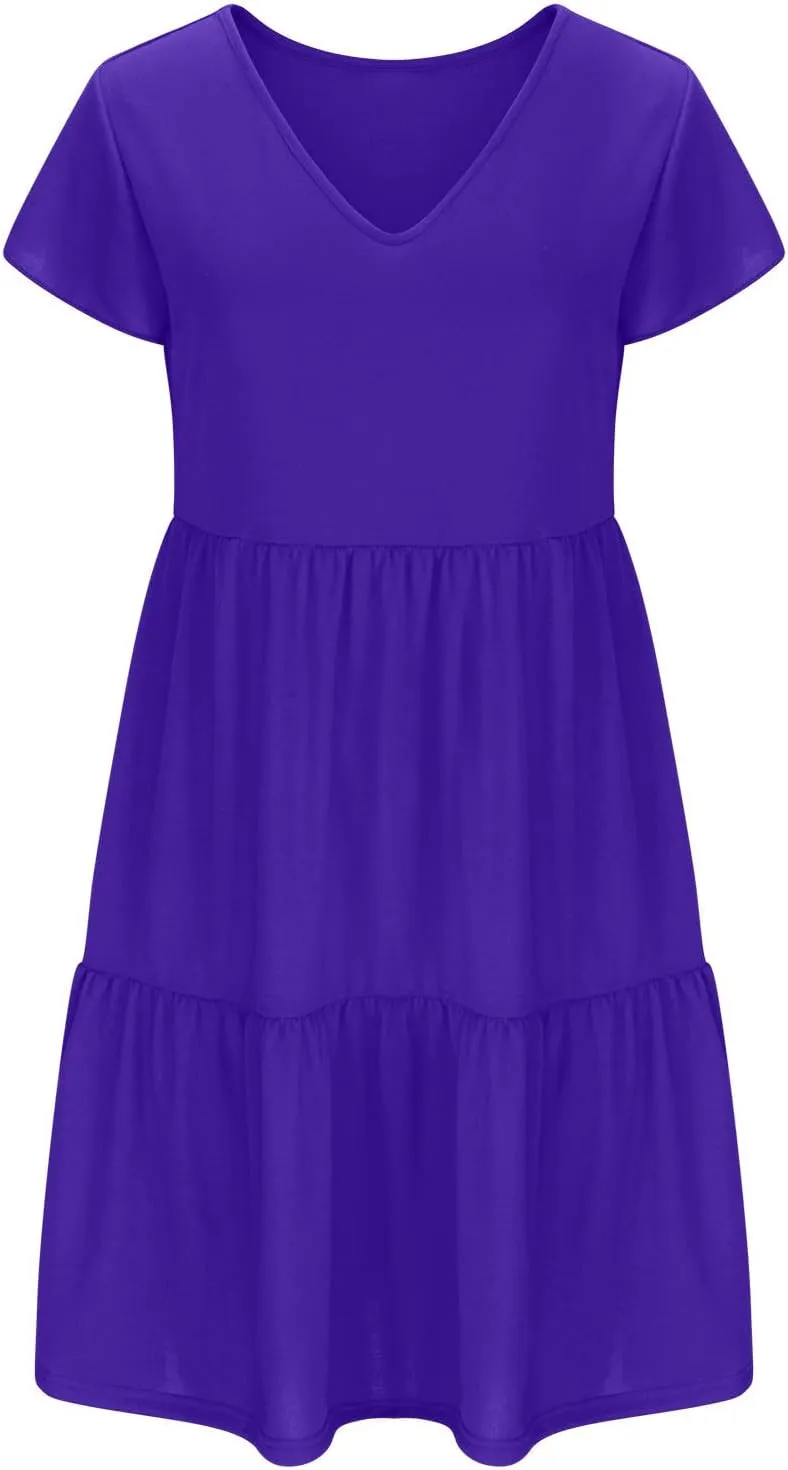 Womens Causal Summer Dresses 2024 Flutter Sleeve V Neck Tunic Tshirt Dress Pleated Ruffle Swing Beach Mini Sundress