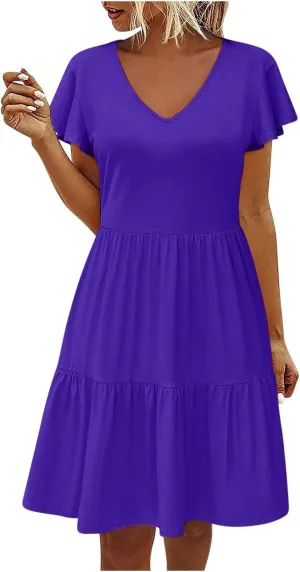 Womens Causal Summer Dresses 2024 Flutter Sleeve V Neck Tunic Tshirt Dress Pleated Ruffle Swing Beach Mini Sundress