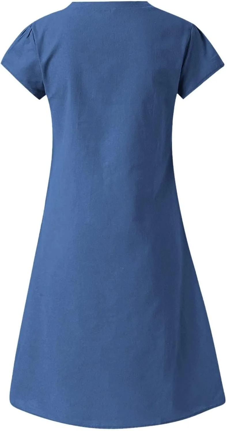 Women's Cotton Linen Maxi Dresses Summer Cup Sleeve Comfy Sundresses Beach Wear Trendy Spring Vacation Clothes 2025