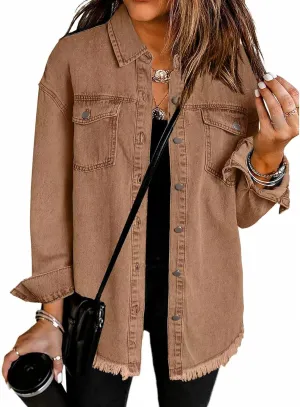 Women's Denim Jackets Oversized Button Down Frayed Hem Shacket Long Sleeve Pockets Denim Jean Jacket Fall Spring