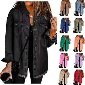 Women's Denim Jackets Oversized Button Down Frayed Hem Shacket Long Sleeve Pockets Denim Jean Jacket Fall Spring