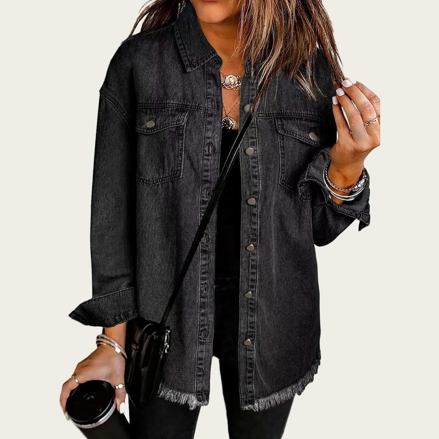 Women's Denim Jackets Oversized Button Down Frayed Hem Shacket Long Sleeve Pockets Denim Jean Jacket Fall Spring