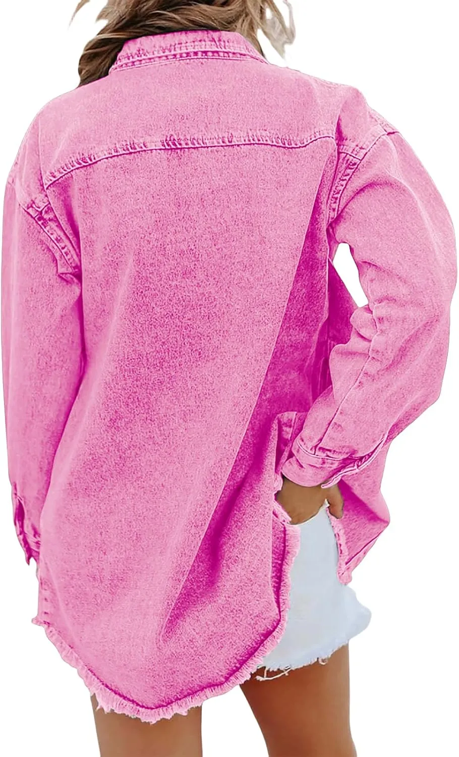 Women's Denim Jackets Oversized Button Down Frayed Hem Shacket Long Sleeve Pockets Denim Jean Jacket Fall Spring
